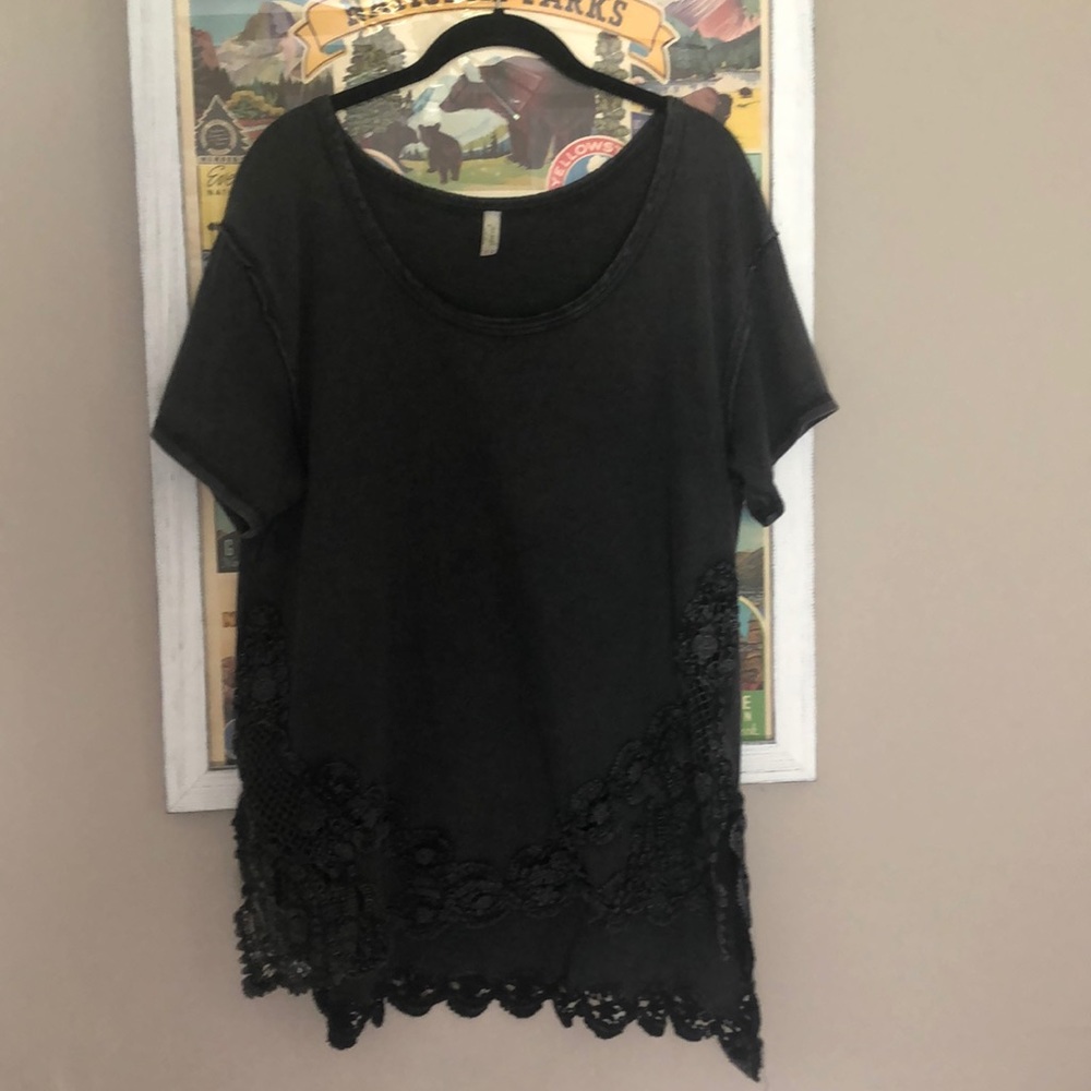 Free People Crochet Lace Embellished Grey Tee